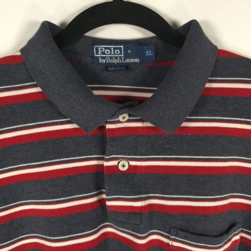 POLO RALPH LAUREN VTG Bolivia Made 🇧🇴 Striped Mesh Polo Shirt‎ Pocket Chest XL